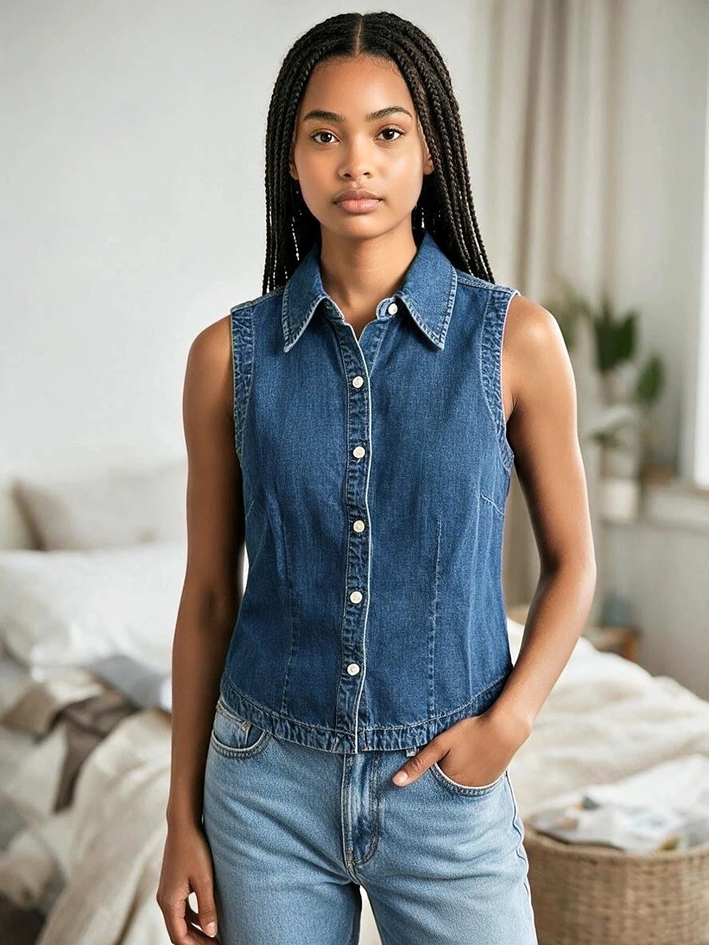 Gap Denim Sleeveless Button Down in Blue Size XS